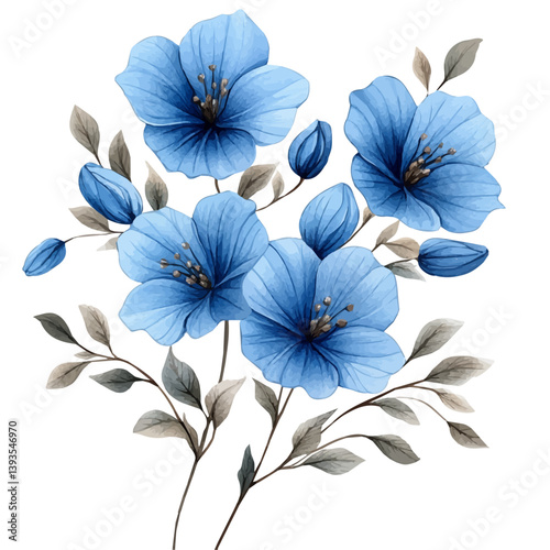 Bluebell branch, watercolor illustration, isolated on a white background.

