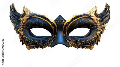Ornate black and gold masquerade mask, artistic design, cut out transparent