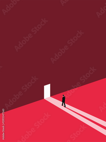 Businessman wallking into bright door. Minimal business concept. Flat style. Vector illustration.