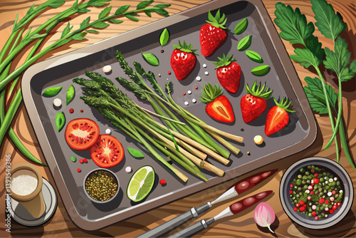 vector of Thyme, peppercorns, asparagus stalks and fresh strawberries on rustic baking sheet