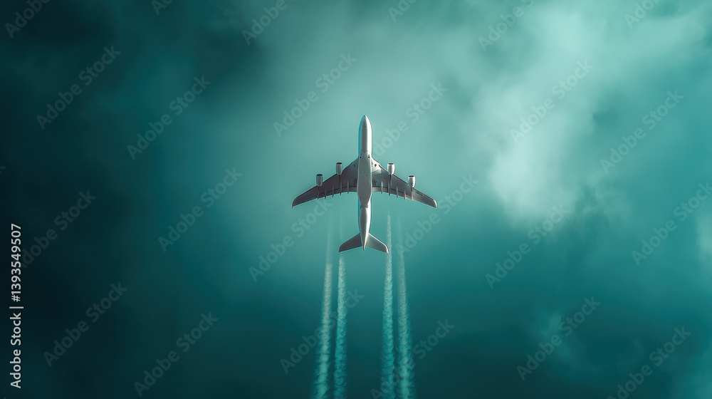 Obraz premium A surreal aerial shot of a passenger jet flying directly overhead, vapor trails slicing through a teal-tinted sky, soft but moody clouds in the background