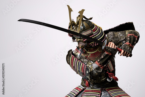 Traditional Samurai warrior in sword pose, 3D illustration.