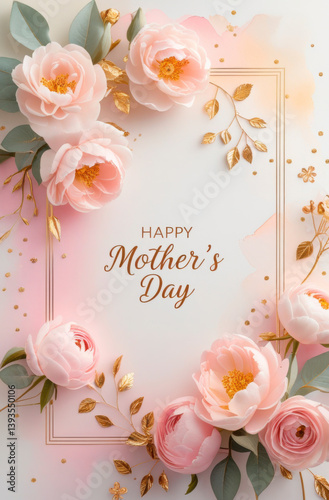 Postal para día de las madres en tono rosa pastel con flores en las esquinas. Con la leyenda 
