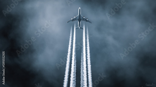 A powerful visual of a large aircraft cruising high above, viewed from directly below, leaving vibrant white contrails through a monochrome cyan sky