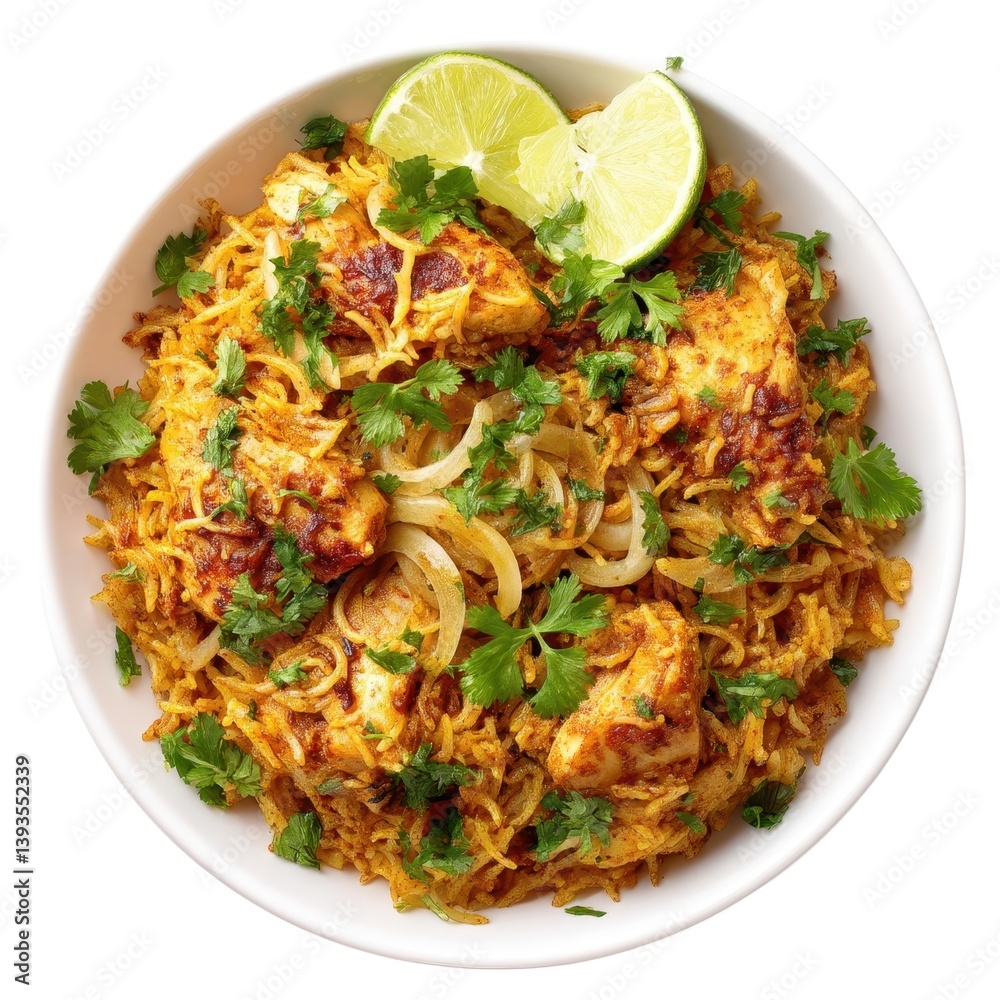 Chicken biryani with lime and cilantro in a round bowl dish isolated on white background Chicken biryani with lime and cilantro in a round bowl dish isolated on white background