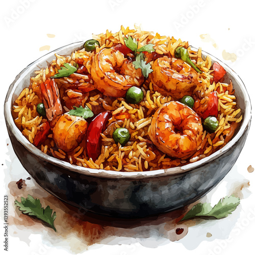 Biryani, watercolor illustration, isolated on a white background.

