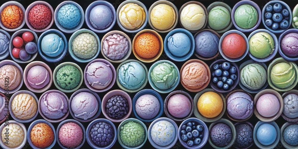 Rows of colorful ice cream scoops in bowls create a visually appealing and textured full frame pattern Rows of colorful ice cream scoops in bowls create a visually appealing and textured full frame pattern