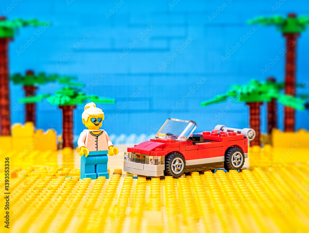 Obraz premium LEGO Diorama Set, Three-Dimensional LEGO Toy Model, Convertible LEGO Car, Summery Warm, Sunny Summer Season, Lego Female Mini Figure Seaside, London, UK
