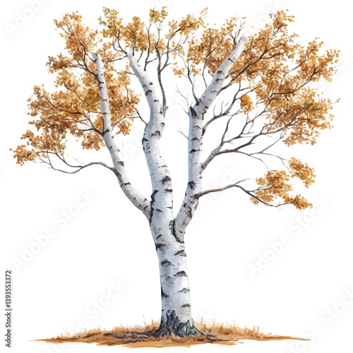 Birch tree, watercolor illustration, isolated on a white background.

