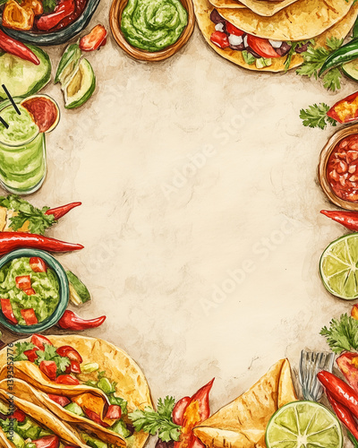 Cinco de Mayo border with traditional Mexican dishes with copy space