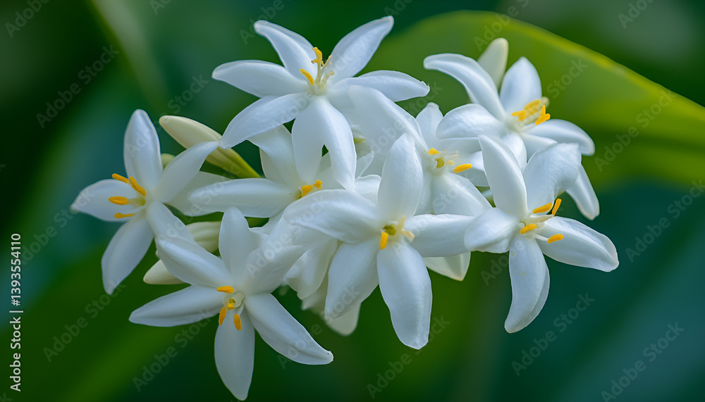 Delicate jasmine white flowers are blooming in a lush setting of green foliage Delicate jasmine white flowers are blooming in a lush setting of green foliage