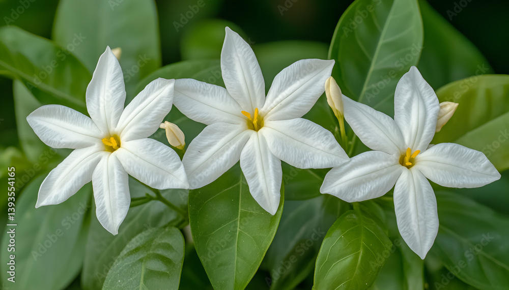 Obraz premium Delicate jasmine white flowers are blooming in a lush setting of green foliage