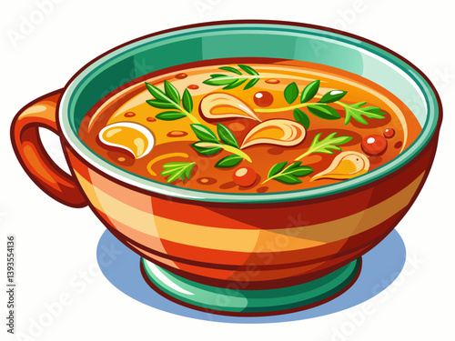 A vector illustration of a classic porcelain soup bowl filled with hot soup, isolated on a white background
