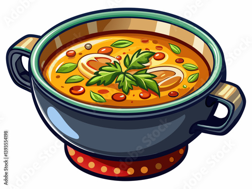 A vector illustration of a classic porcelain soup bowl filled with hot soup, isolated on a white background