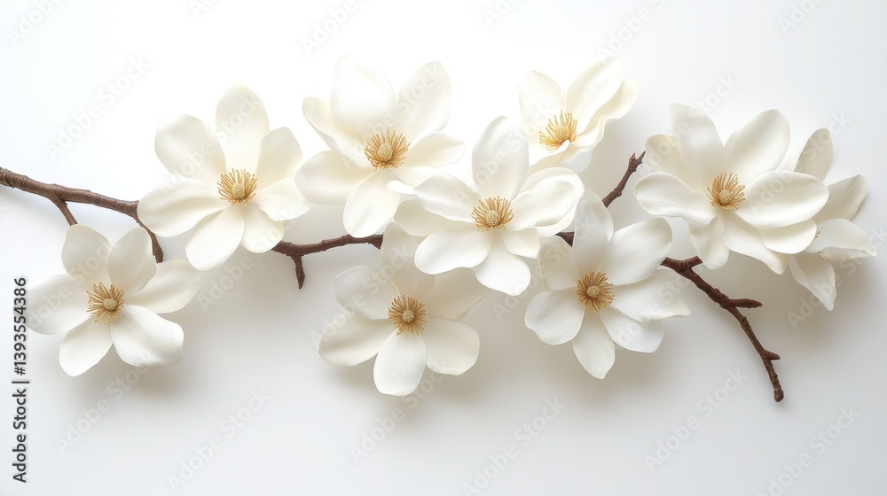 Obraz premium Delicate white magnolia blossoms branch out against a soft, neutral background, radiating springtime elegance