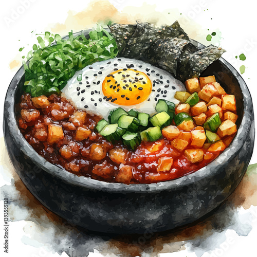 Bibimbap, watercolor illustration, isolated on a white background.

