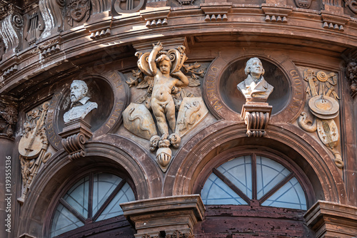 Architectural details of the Massimo Bellini Theater (Teatro Massimo Bellini, 1890). Catania, Sicily, Italy.