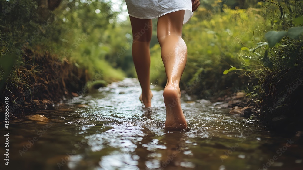 Feet walking barefoot along path near stream Feet walking barefoot along path near stream