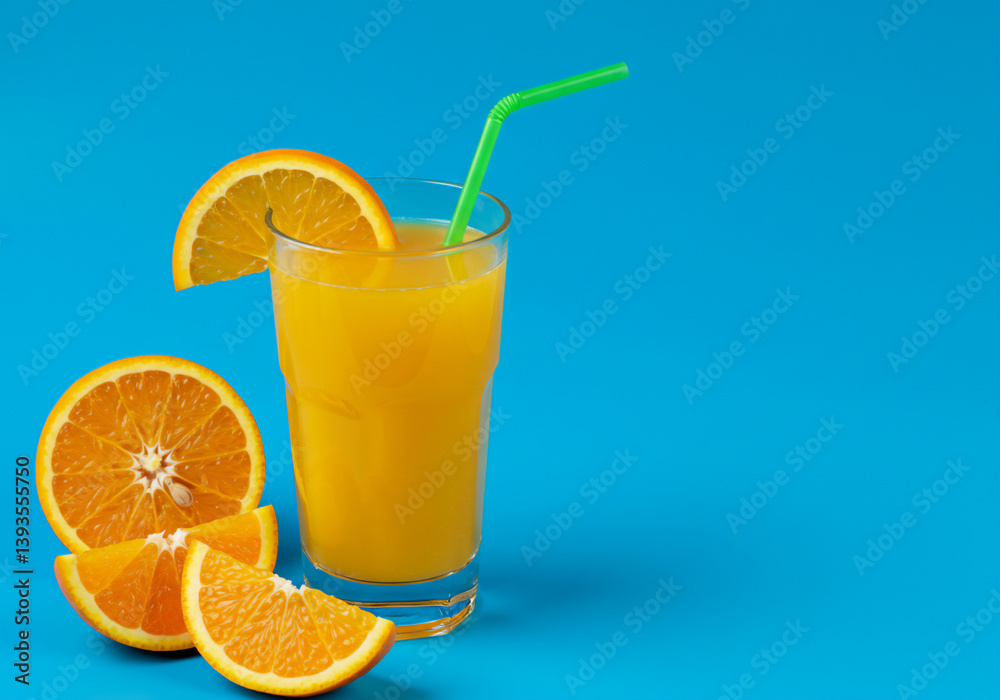 Refreshing Orange Juice with Slices and Straw on Blue Background, Summer Drink Concept. Refreshing Orange Juice with Slices and Straw on Blue Background, Summer Drink Concept.