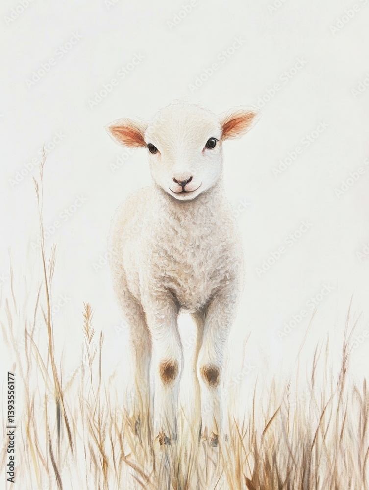 Obraz premium Lamb standing in soft grass against a gentle white background during a serene moment in nature