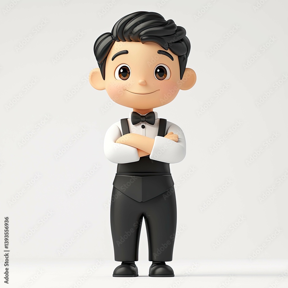 3D Render of a Cute Cartoon Waiter Boy