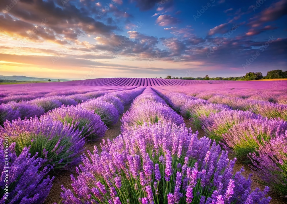 Fototapeta premium A Breathtaking Panoramic View of a Lavender Field Vibrant Purple Blooms Against a Pristine White Background Ideal for