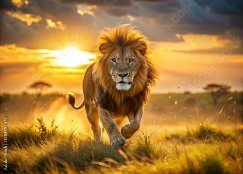 Majestic Lions Savannah Pursuit A Breathtaking Panoramic View of a Determined Predator