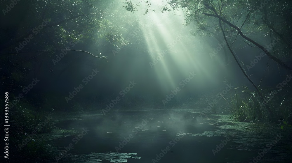 Fototapeta premium Serene Secluded Forest Glade with Crystal Clear Pond and Light Rays