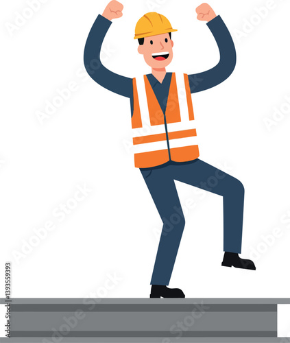 Construction worker celebrating joyfully on steel beam in flat vector art