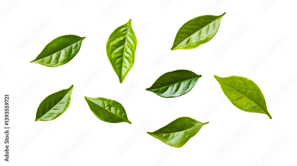 Naklejka premium Green tea leaves assortment on black background, cut out transparent