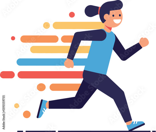 Person running energetically with motion lines in a flat, colorful style vector illustration