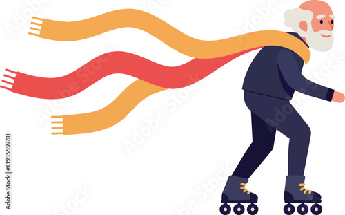 Elderly man roller skating joyfully with colorful scarves flowing in the wind, flat vector illustration