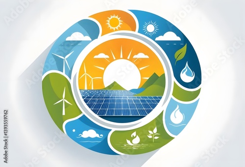 A vector art of renewable energy icons — sun, wind, water — interconnected in a circular eco-diagram, on a clean white background.