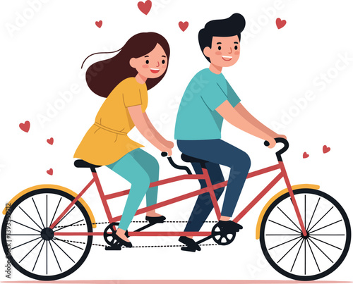 A couple joyfully riding a tandem bicycle in a playful flat vector illustration surrounded by hearts