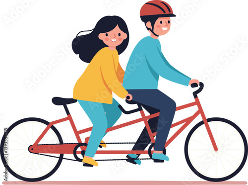 Two cheerful cyclists riding a tandem bicycle in a flat vector illustration style