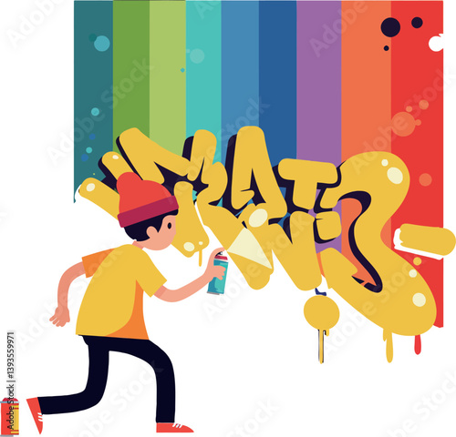 Young artist spray painting vibrant graffiti on a colorful wall in flat vector art