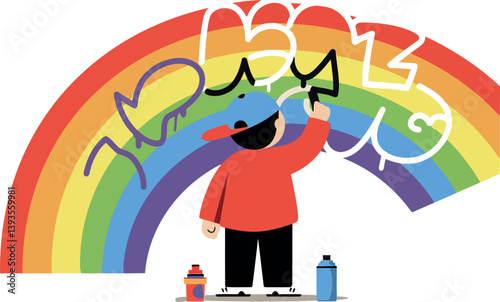 A person painting a colorful rainbow mural in a flat vector illustration style showcasing creativity and joy