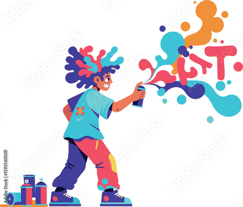 Young artist creating colorful graffiti using spray paint in a vibrant flat vector illustration