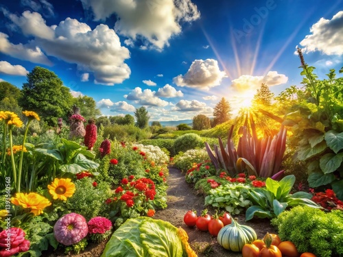 SunDrenched Summer Vegetable Garden A Vibrant Panoramic Display of Blossoming Produce