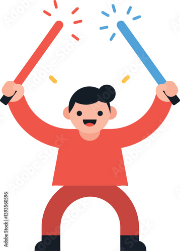 Happy child holding red and blue light sabers in a playful stance, flat vector illustration