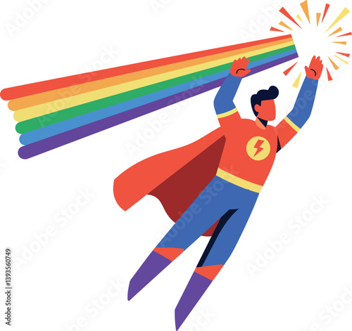 Superhero character in colorful costume with rainbow beams, flat style vector art