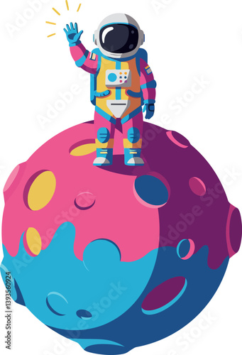 Astronaut waving on a colorful planet with vibrant shapes in a flat vector illustration