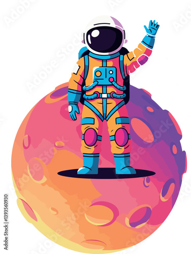 Astronaut in vibrant space suit waving atop a colorful planet in flat vector art