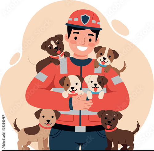 A smiling man in a red jacket happily holds several playful puppies in a colorful, flat vector illustration