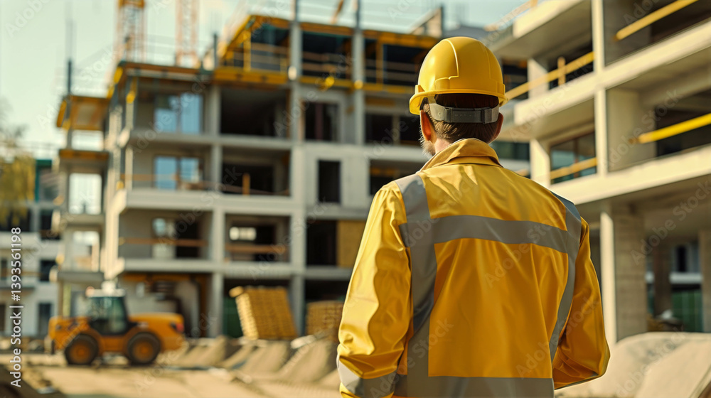 Construction worker observing building site progress in yellow safety gear, overseeing machinery and structures, construction industry concept Construction worker observing building site progress in yellow safety gear, overseeing machinery and structures, construction industry concept