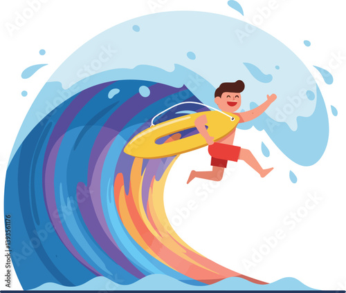 Young boy surfing on colorful wave in flat vector illustration style showcasing joy and excitement
