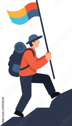 A determined hiker ascending a steep slope while proudly holding a flag in flat vector art