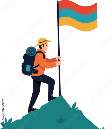 Adventurous hiker ascending a hilltop proudly holding a colorful flag in flat vector art