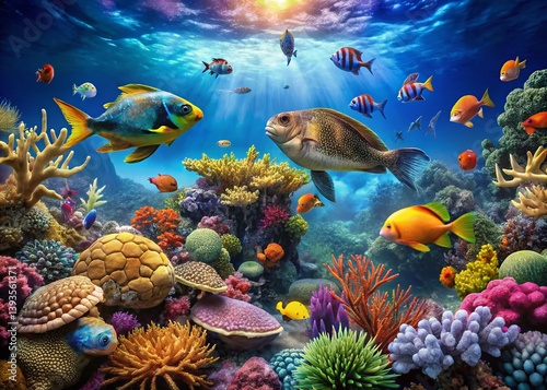 A breathtaking panoramic view of a vibrant underwater coral reef ecosystem teeming with colorful marine life Explore