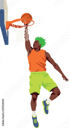 Dynamic basketball player in mid-air dunking, flat vector illustration showcasing athleticism and energy